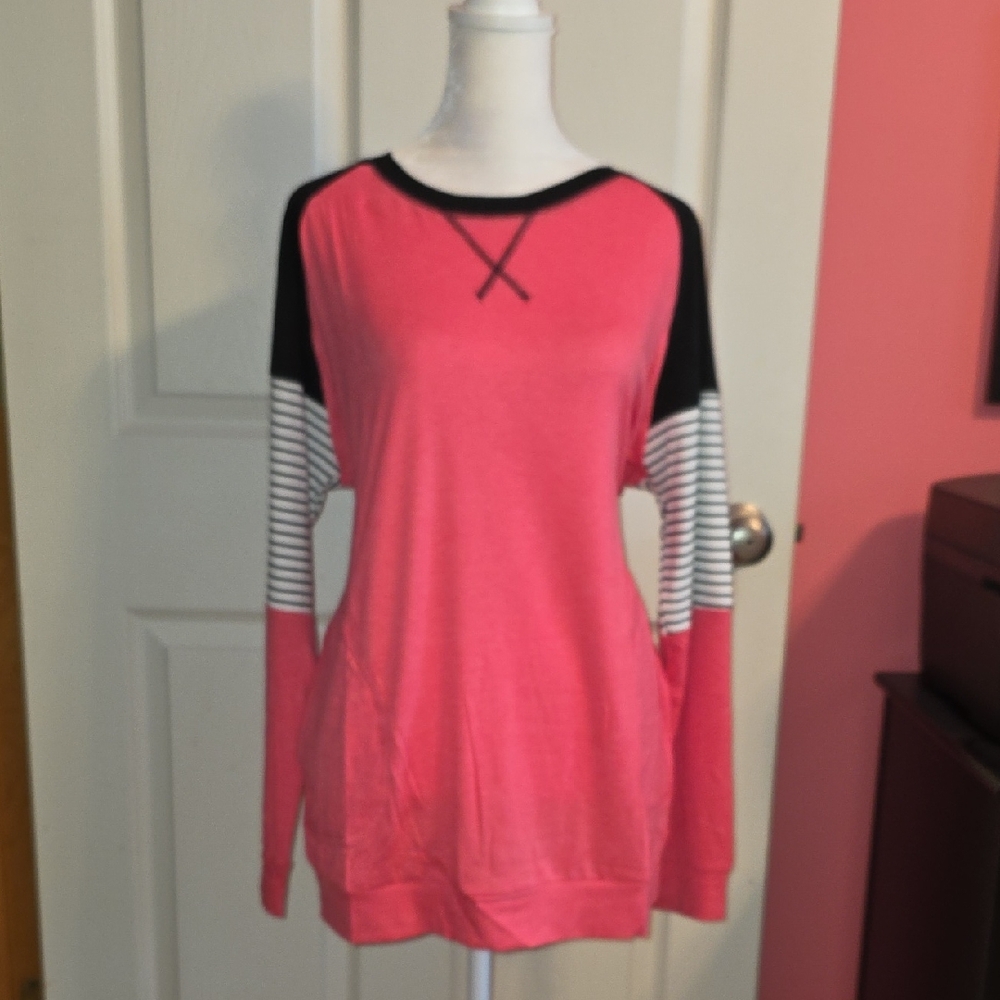 Women's Pink and Black Striped Sleeve Top